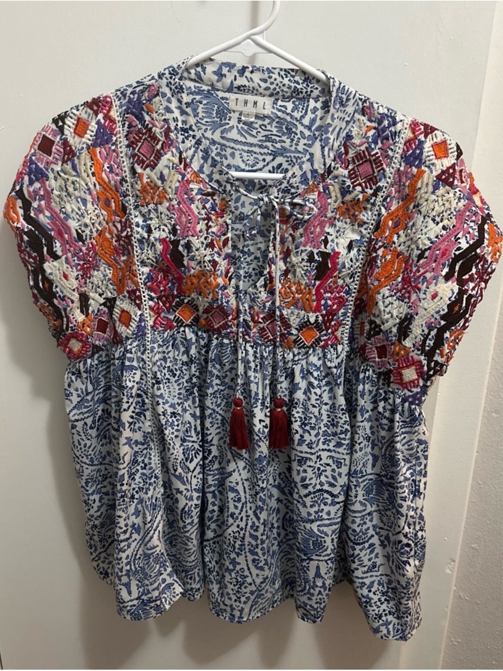 THML Blue Floral Boho Embroidered Peasant Tunic with Multicolor Accents